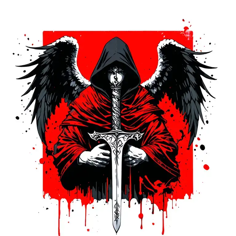 The angel in a cloak with a hood thrown over his head, laid his hands on the sword, there should be runes on the sword, it should be visible under the bud tattoo design idea