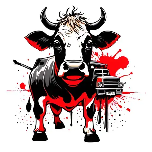 cartoon cow with a dump truck tattoo design idea