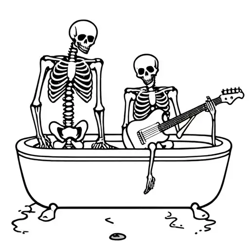 simple skeletons sitting in a hot tub, one tall, one short and muscular, and one holding a guitar, make it cute and simp tattoo design idea