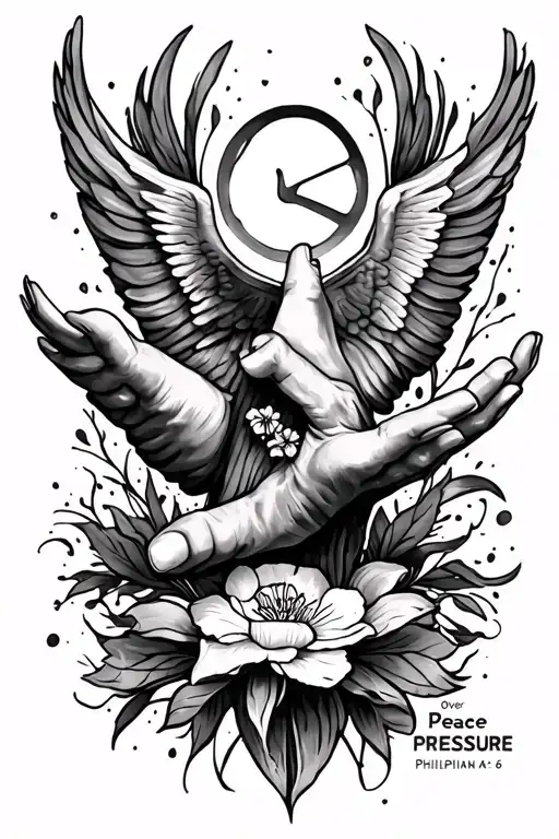 Full lateral forearm tattoo design titled “Peace Over Pressure,” inspired by Philippians 4:6.Black-and-gray realism ful tattoo design idea