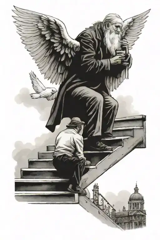 stairs going into heaven doves man sat on stairs pint of guiness fiancé heartbroken tattoo design idea
