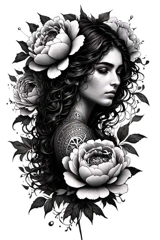 woman emerging from peonies, celtic warrior, strength inspired tattoo design idea