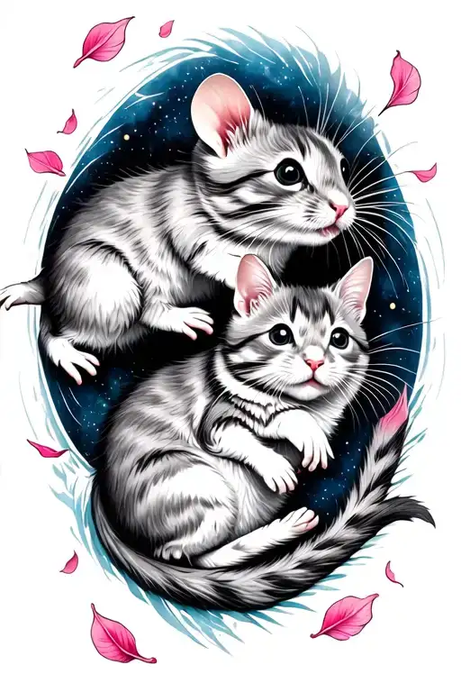 both a rat and a cat floating towards space with pink petals floating around them tattoo design idea