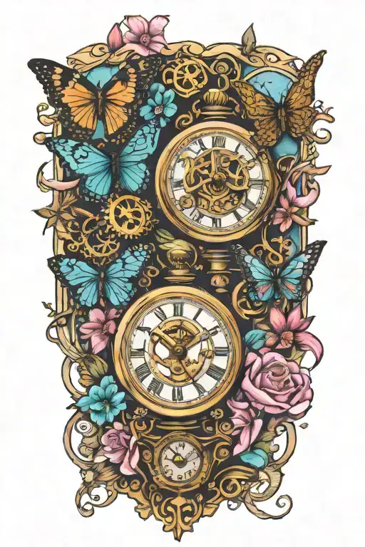 two steampunk clocks, 1 hourglass filled, butterflies, suicide awareness ribbon, cosmos and merigolds tattoo design idea