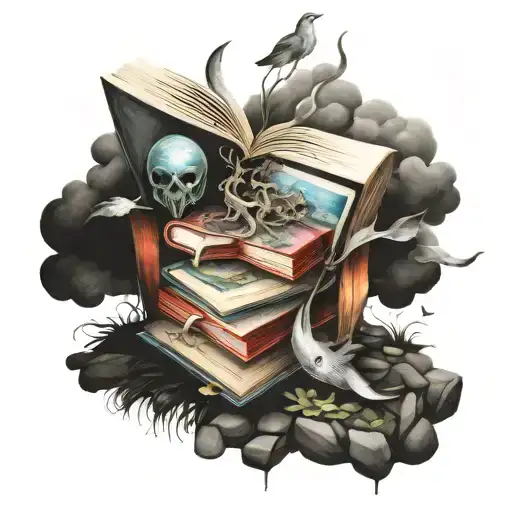 Illustrative surrealistic book tattoo design idea