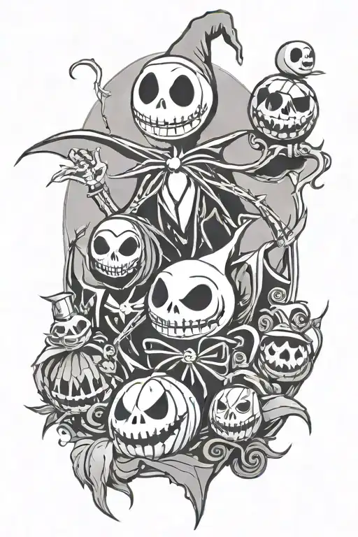 nightmare before christmas with jack, oogie boogie and lock shock and barrel tattoo design idea