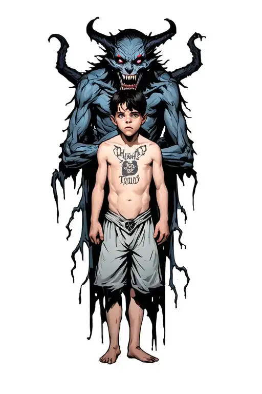 a sad young boy standing with a scary demon standing behind him and wrapped around his body tattoo design idea