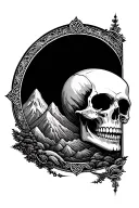 mandala design with skull and mountain ranges fading into the distance tattoo design idea