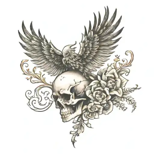 phoenix flying out of a skull with flowers intertwined tattoo design idea