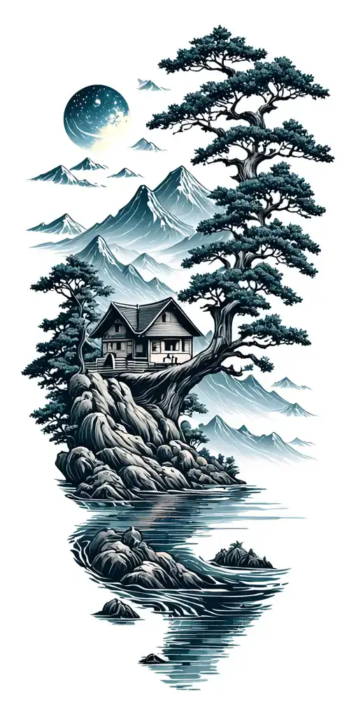 Buddist Black-grey with flowing water, mountains, trees, small home, and a starry sky, symbolizing growth,family, wisdom tattoo design idea