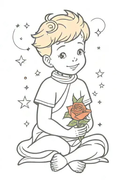 Little prince holding his rose with a happy face and with star behind him tattoo design idea