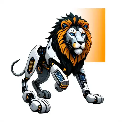 An AI robot with lion features, symbolizing strength and innovation tattoo design idea
