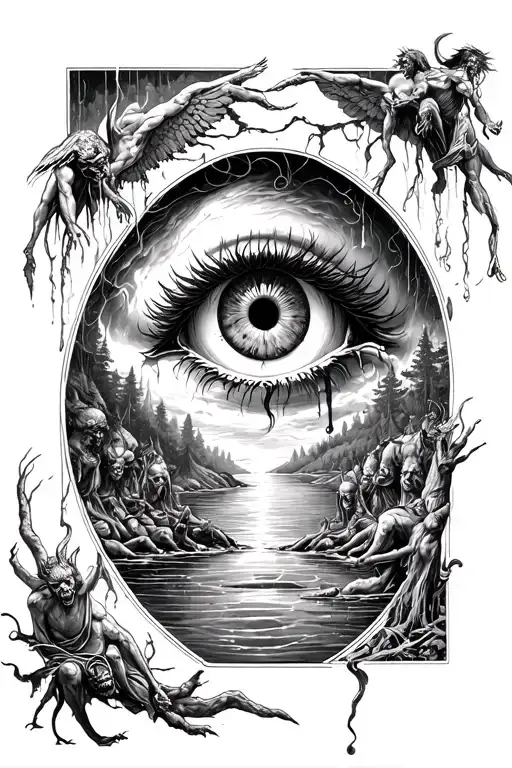 creation of adam, an Ophanim eye angel crying intona river that runs in a forest filled with demons  tattoo design idea