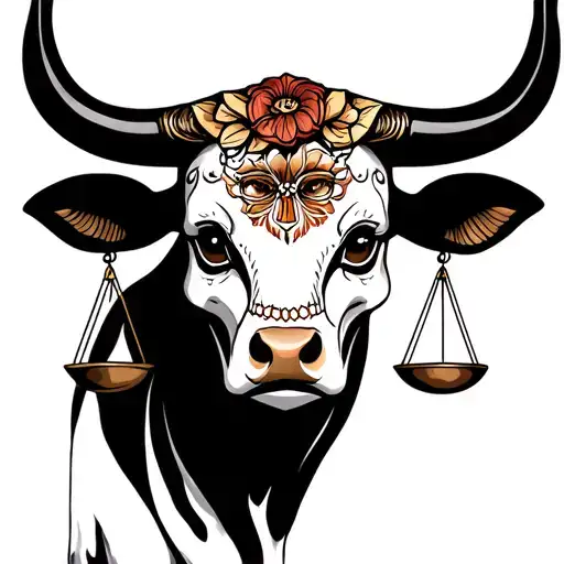 feminine bull with sugar skull markings, brown eyes and two Libra scales and dark background tattoo design idea