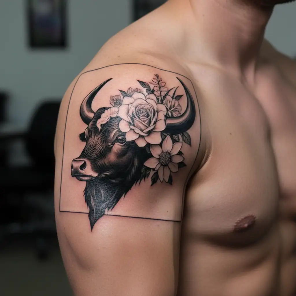 New Zealand bull's head with the left side enveloped in a bouque of a rose, chrynsanthemum, daffodil, and delphininium tattoo design idea