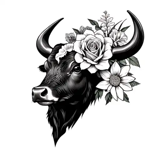 New Zealand bull's head with the left side enveloped in a bouque of a rose, chrynsanthemum, daffodil, and delphininium tattoo design idea
