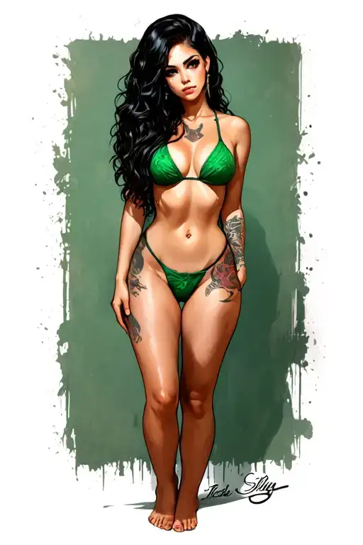 Sexy girl, petite, small boobs, wide hips,  Green Thong .sexual. Seductive. Full Body, bending over showing bottom tattoo design idea