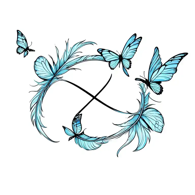 feathers, infinite symbol, with flying butterflies. horizontal shape, the pkume goes from left to right tattoo design idea