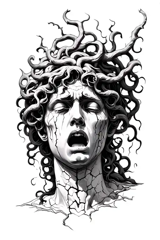 Medusa crying as statue head cracked tattoo design idea