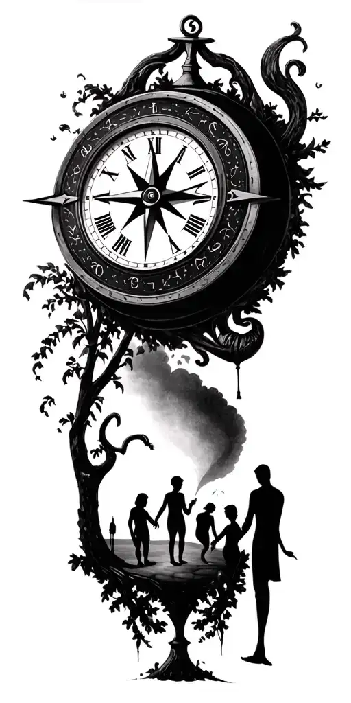 salvador dali clock with compass golf course family shadow figures  tattoo design idea