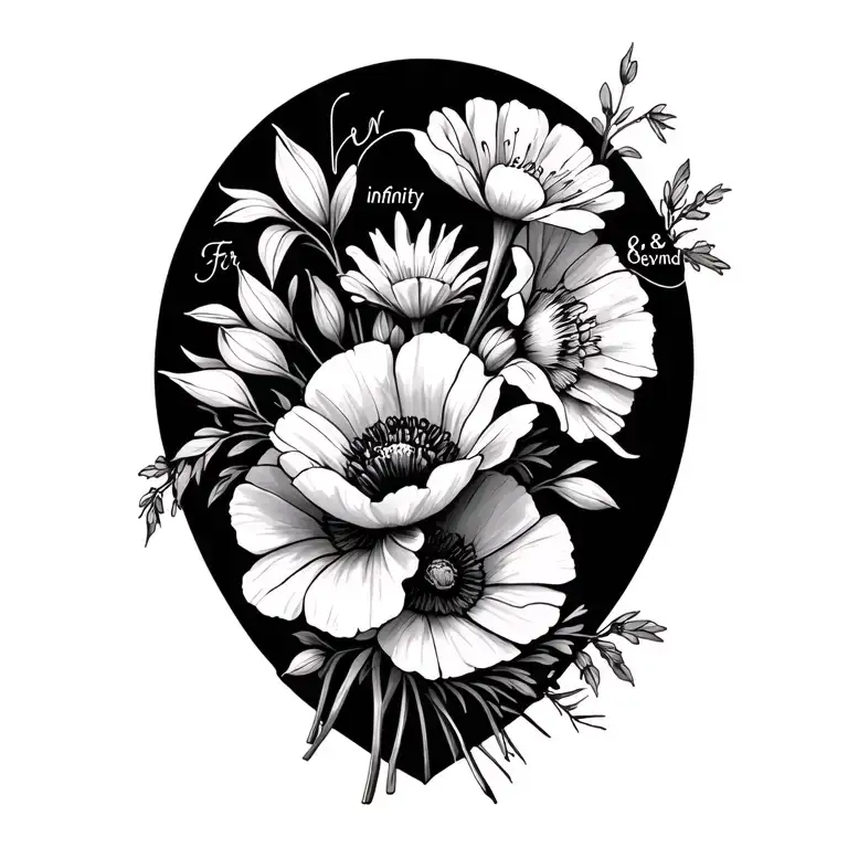 "For infinity & beyond" marigold flower, cosmo flower, gladiolus flower and poppy flower bouquet tattoo design idea