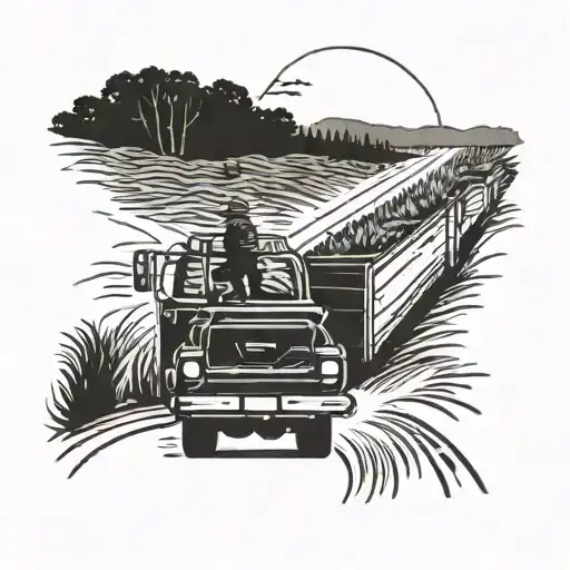 A silhouette of a truck driving down a country road with a guitar strapped to the back, inspired by Luke Combs' music tattoo design idea