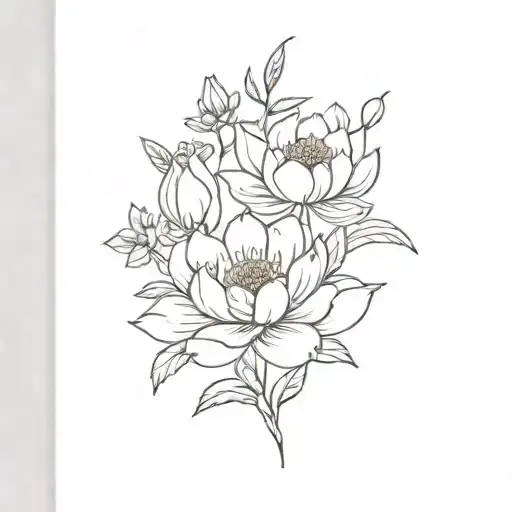 a bouquet of flowers consisting of two chamomile flowers, one peony, a rose, a lily, a bellflower and a lotus flower tattoo design idea