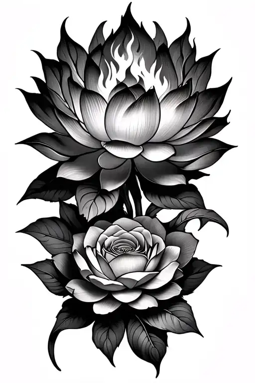 lotus flower and fire rose unity strength at same tattoo design idea