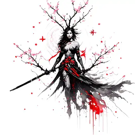 A warrior goddess surrounded by celestial symbols representing inner strength  intertwined with cherry blossoms branches tattoo design idea
