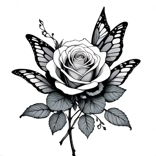 Rose with and butterfly wings women skeleton in tattoo design idea