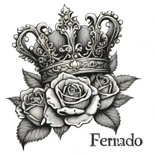 the word "fernando" in the midle of roses and a crown with a black background tattoo design idea