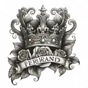 the word "fernando" in the midle of roses and a crown with a black background tattoo design idea