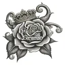 the word "fernando" in the midle of roses and a crown with a black background tattoo design idea