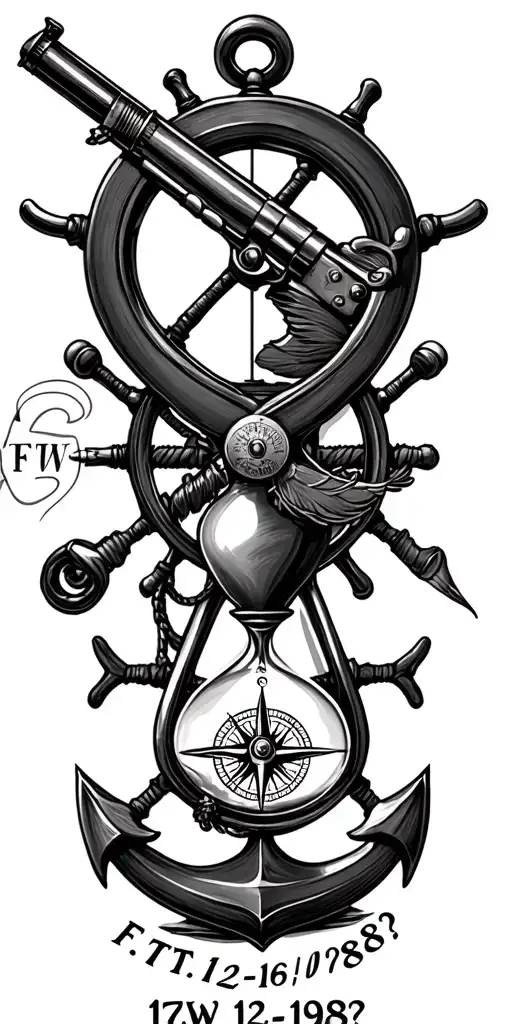 "F.T.W 12-12-1986 ??-??-????" flintlock pistol, cutlass, quill pen, nautical compass, fouled anchor, ship's wheel, hourglass tattoo design idea