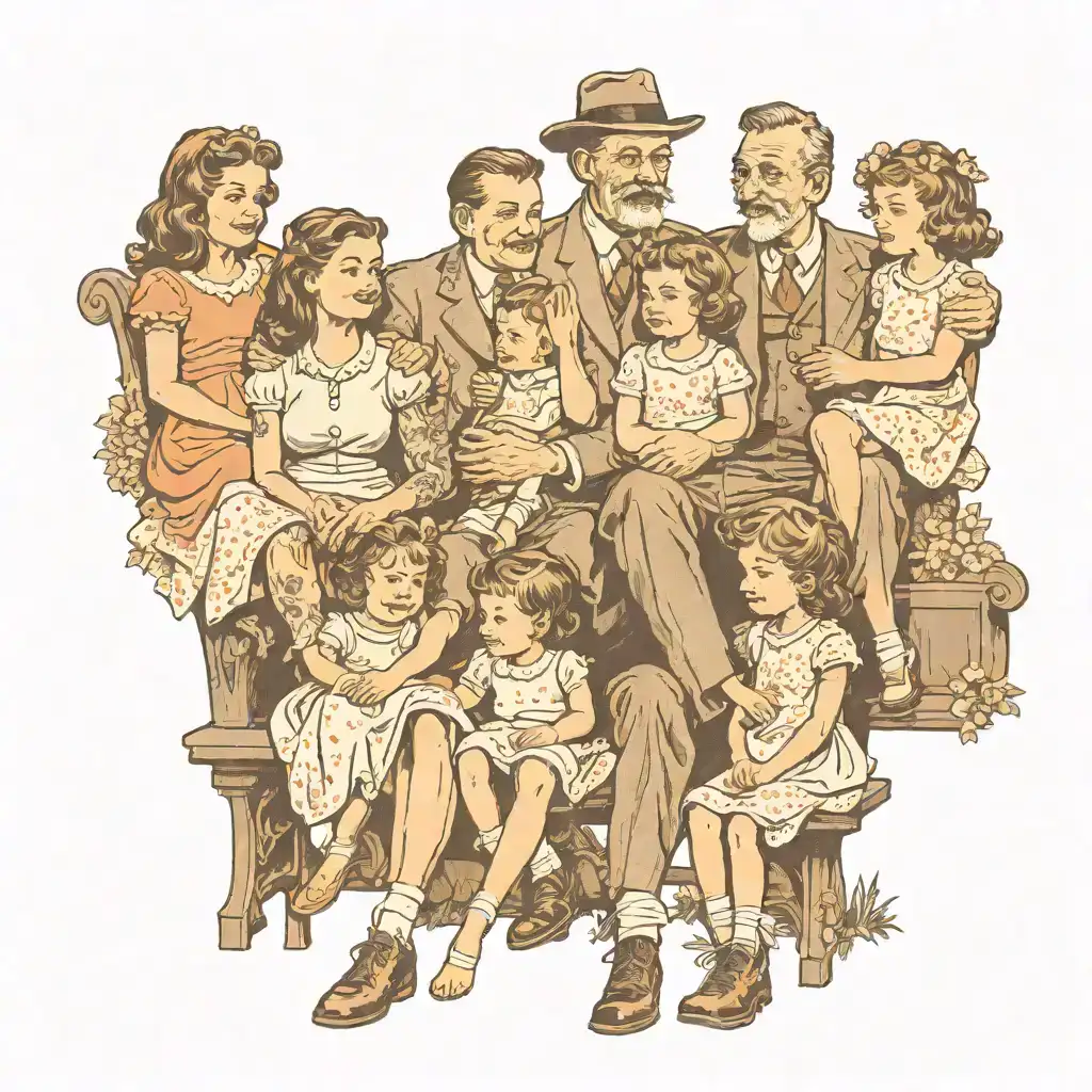 father with 2 daughters sitting on a bench tattoo design idea