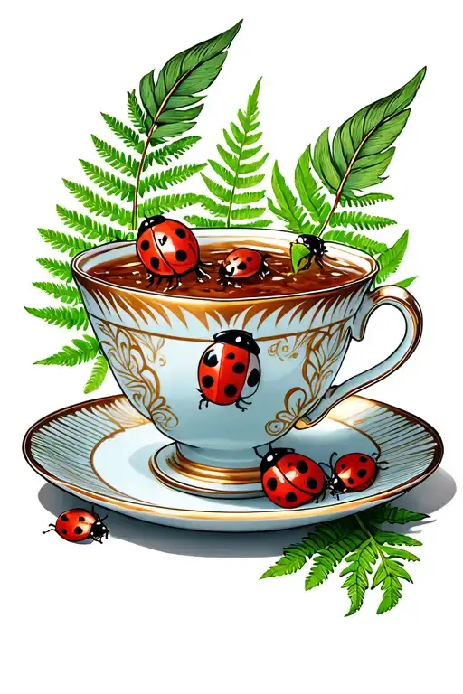 tea cup filled with willows and lady bugs, eagle feather, fern tattoo design idea