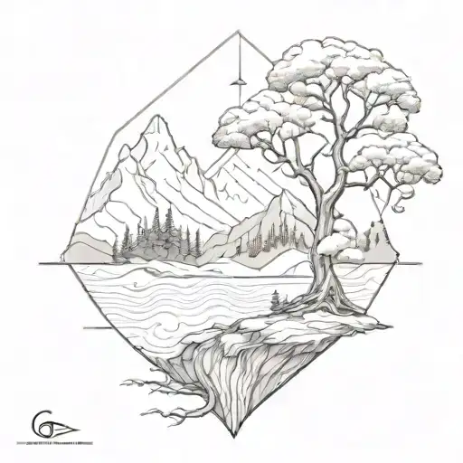 gemoetric tree mountain landscape tattoo design idea