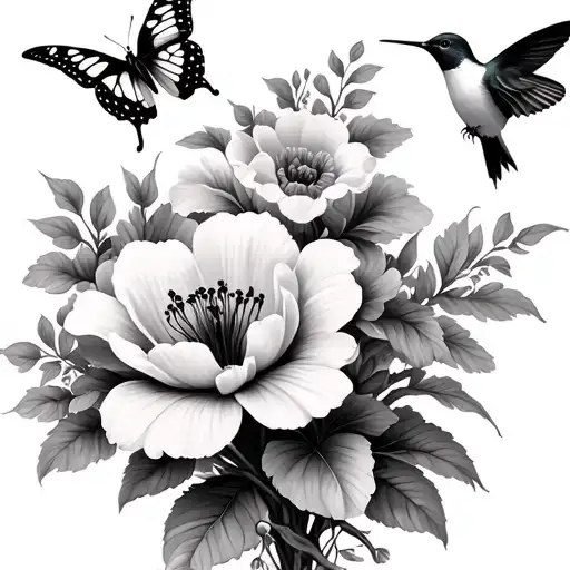 Lillies, Japanese anemone, and peonies with butterflies and hummingbirds  tattoo design idea