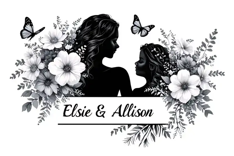 "Elsie & Allison " mother and daughter with birth flower bouquet and butterflies tattoo design idea