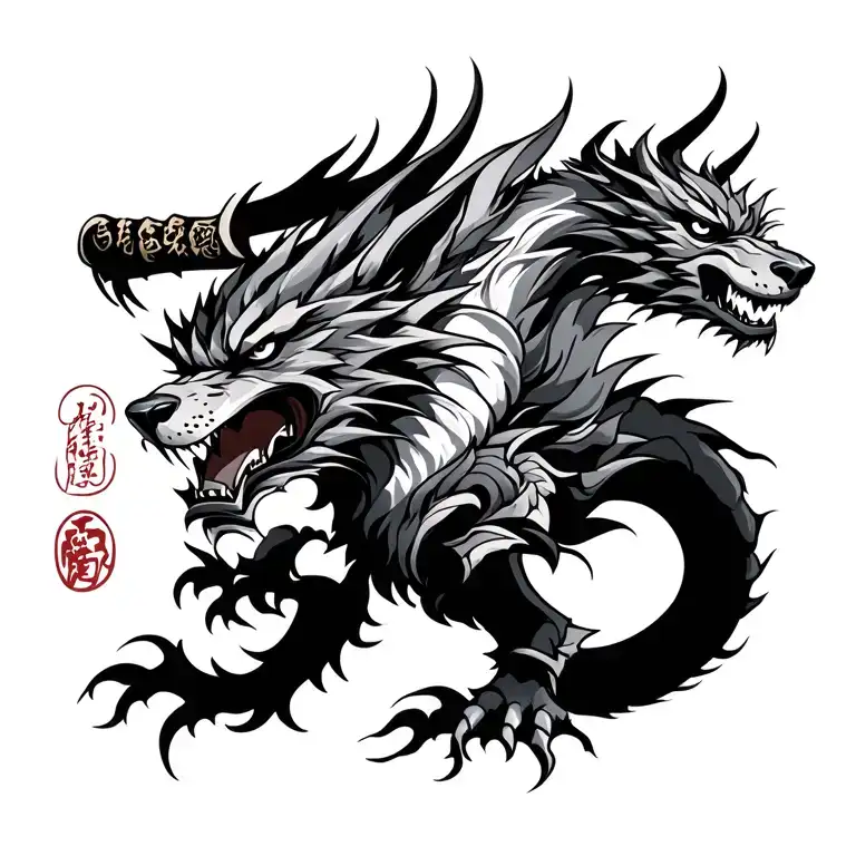 samurai warrior wolf dragon tattoo design idea