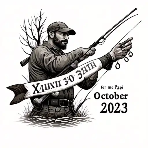 a forearm tattoo that's for my papa with the date October 30th, 2023 in Roman numerals and has a hunting and fishing the tattoo design idea