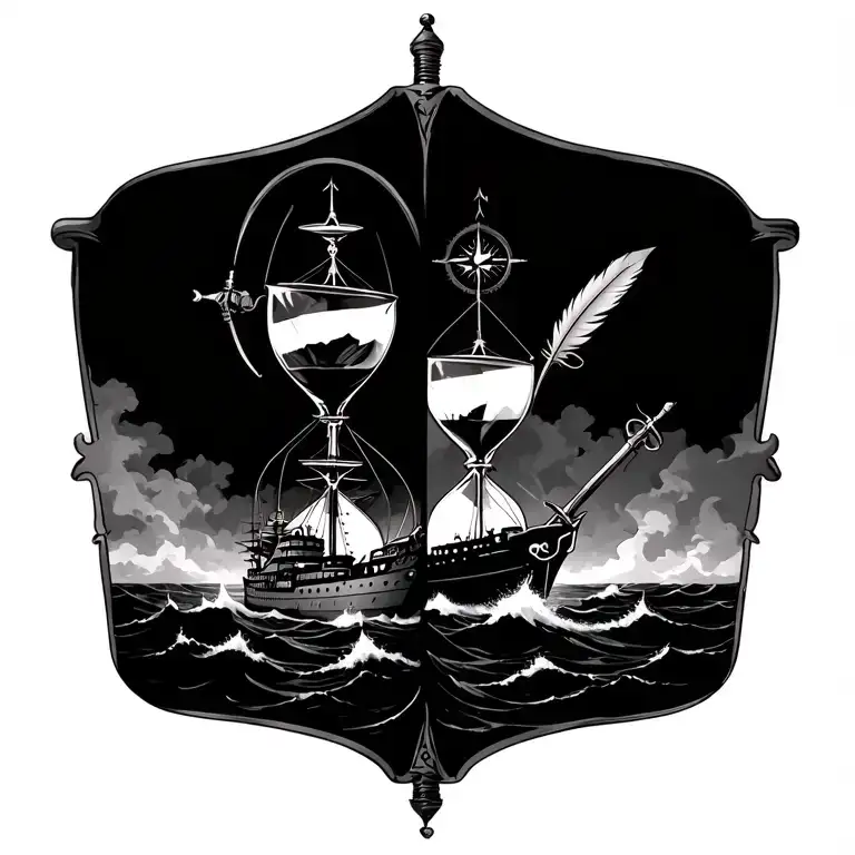 an hourglass with an old battleship on rough seas in the bottom half & a sword, pistol, quill & compass in the top half tattoo design idea