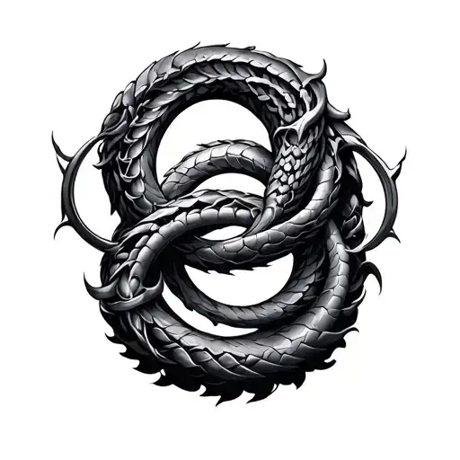 a dark fantasy version of the ouroboros symbol intertwined tattoo design idea