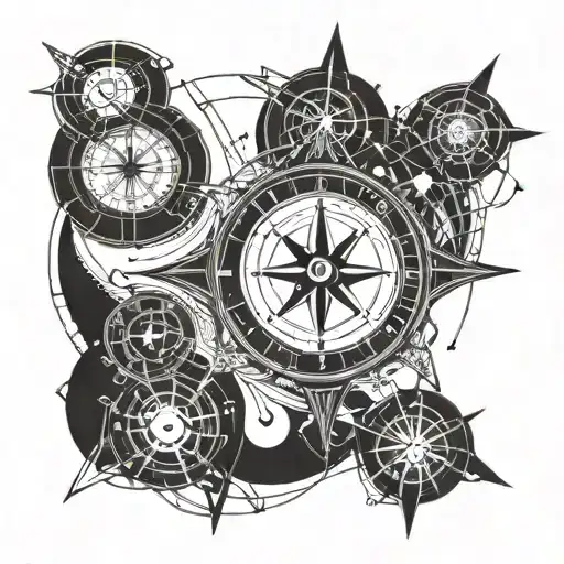 A geometric blackwork tattoo of a compass rose intertwined with fishing hooks and computer circuitry, representing the client's love for fishing and technology. tattoo design idea