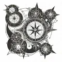 A geometric blackwork tattoo of a compass rose intertwined with fishing hooks and computer circuitry, representing the client's love for fishing and technology. tattoo design idea