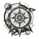 A geometric blackwork tattoo of a compass rose intertwined with fishing hooks and computer circuitry, representing the client's love for fishing and technology. tattoo design idea