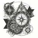 A geometric blackwork tattoo of a compass rose intertwined with fishing hooks and computer circuitry, representing the client's love for fishing and technology. tattoo design idea