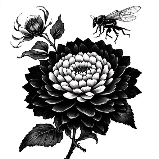 A beautiful blackwork tattoo of a Japanese chrysanthemum and a cicada in a painterly style tattoo design idea