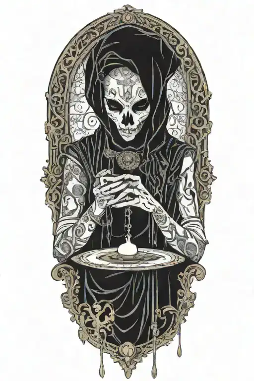 Masked cultist performing ritual, jewelry, tarot cards, candles tattoo design idea