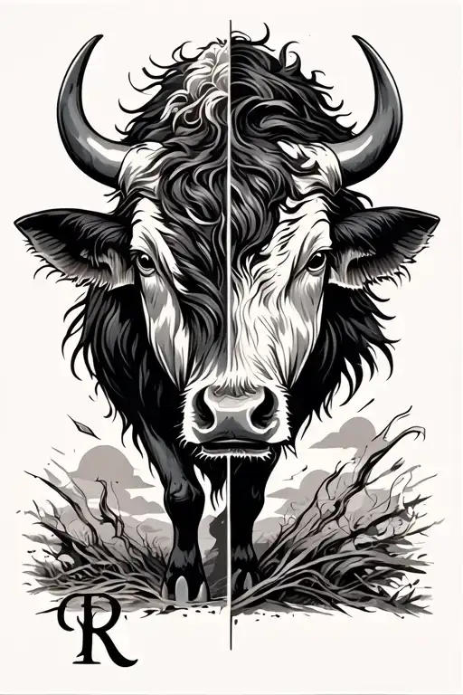 letter on one side of the arm with an ox charging on the other side tattoo design idea